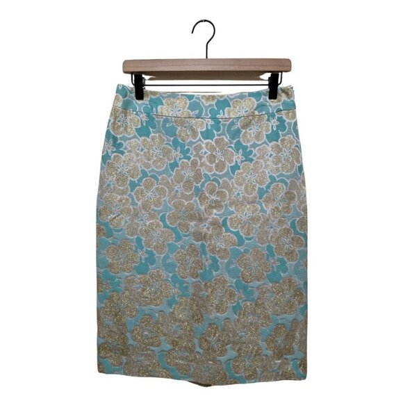 Banana Republic Blue & Gold Brocade Metallic Embroidered Silk Pencil Skirt Sz 4 - Picture 1 of 9